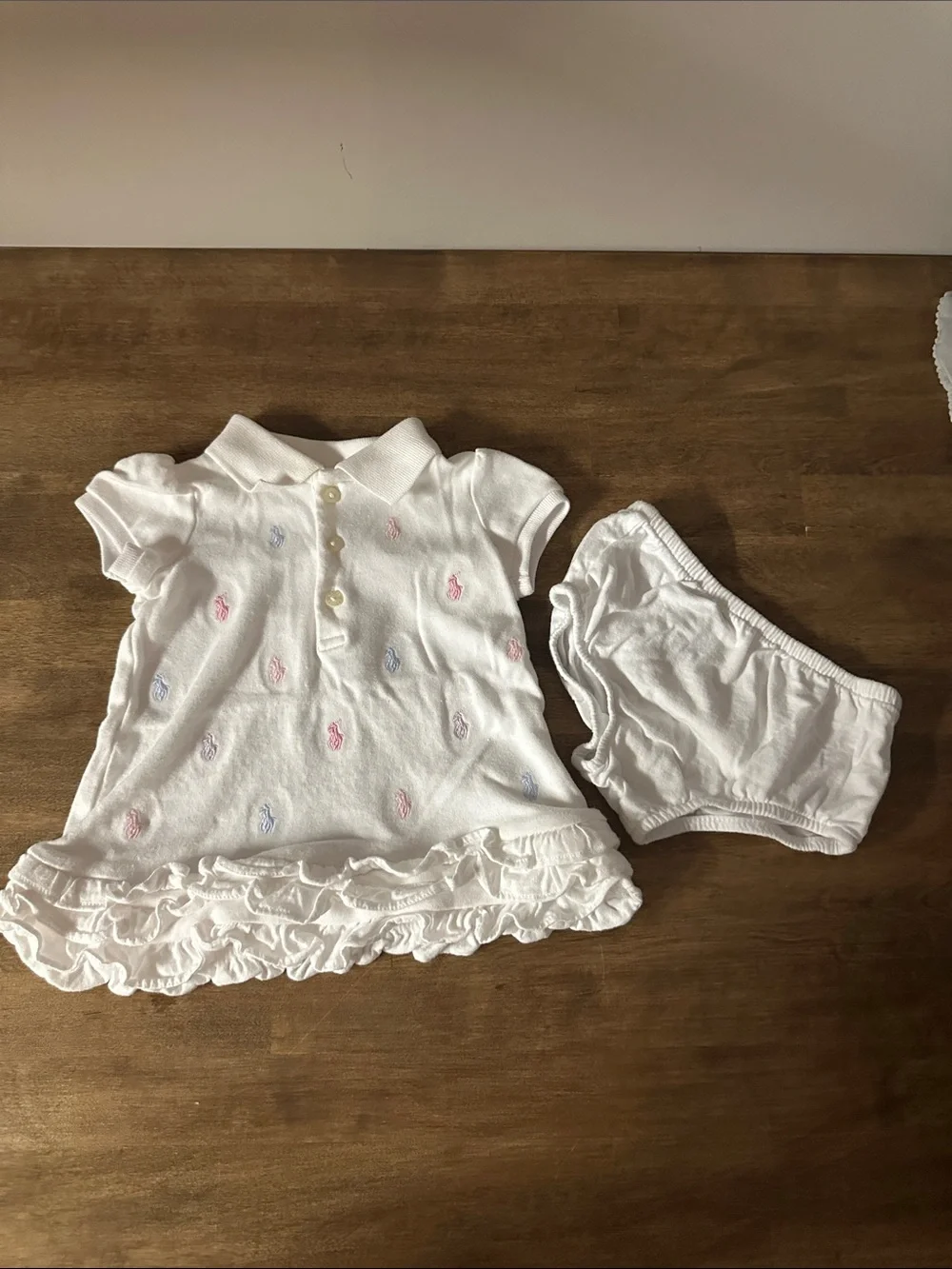Ralph Lauren White Polo Dress & Bloomer Set with Pink and Blue Embroidery